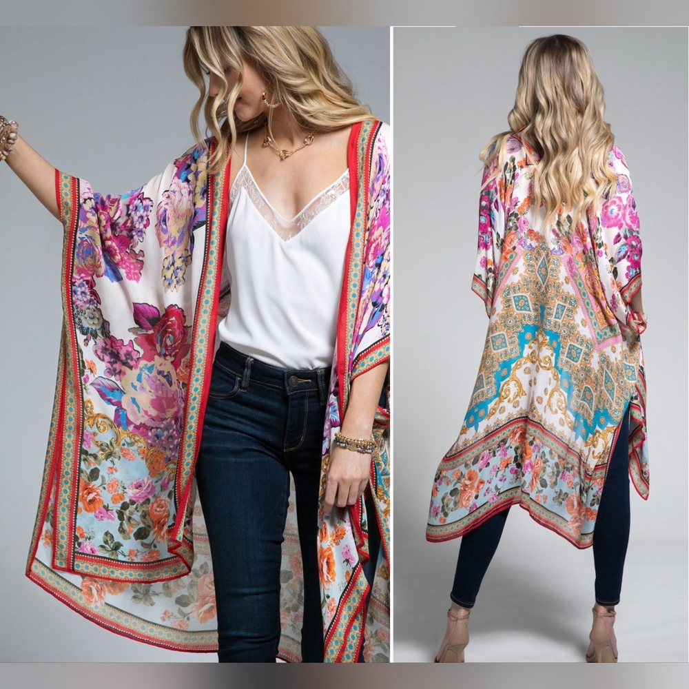 Italian Baroque & Floral Print Kimono w/ Fuchsia & Light Purple Tones